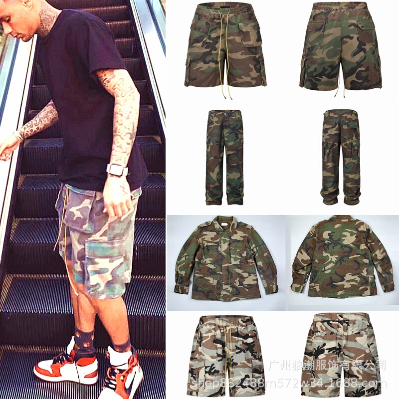 2026 New Men's Shorts High Street Ins Style Drawstring Washed Vintage Casual Camouflage Multi-Pocket Cargo Shorts