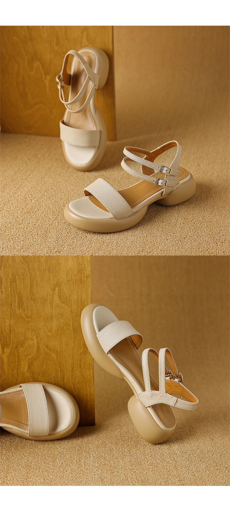 Sandal nữ hở mũi quai ngang gót vuông đế dày da cừu — Màu trắng be chi tiết 13