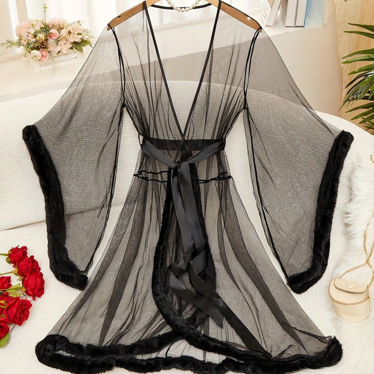 Sexy Pajamas, Cross-Border Sexy Mesh Long Nightgown, Mesh See-Through Furry Pajamas for Women, Performance Suit