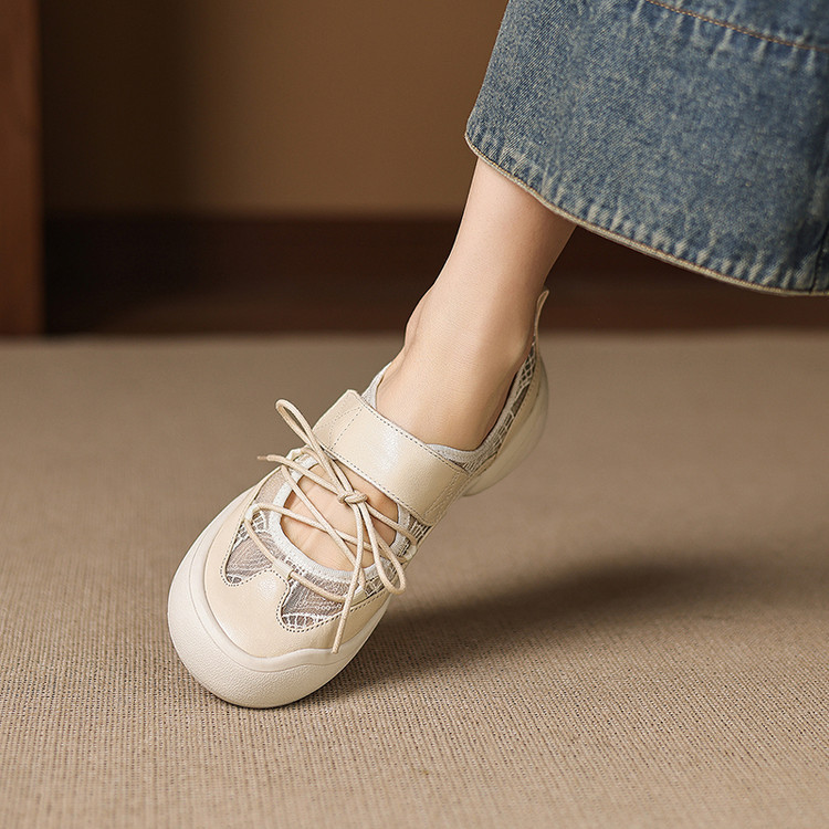 Giày sneaker nữ đế dày ren lưới phối màu cổ thấp — màu trắng ngà chi tiết 43