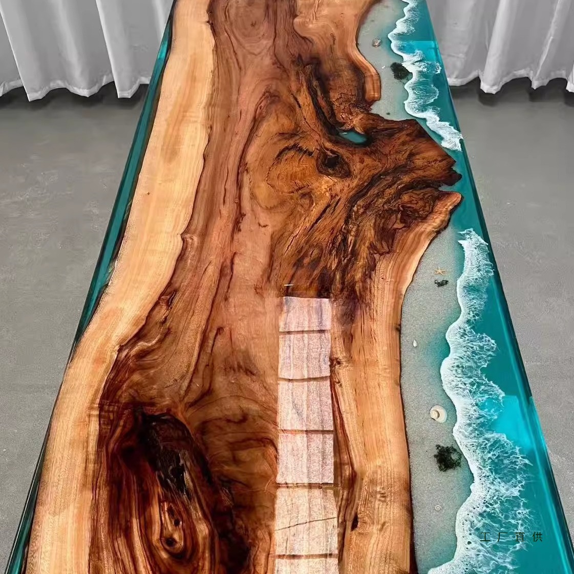 一体新中式木板大板桌简约河流桌透明树脂桌家用海洋桌网红艺术桌