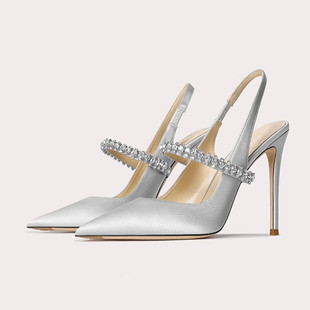 32-45 Size One-character Sandals with Toe Women's Rhinestone 2024 New Stiletto Heel Pointed Toe Leather High Heels Women's Single-layer Shoes
