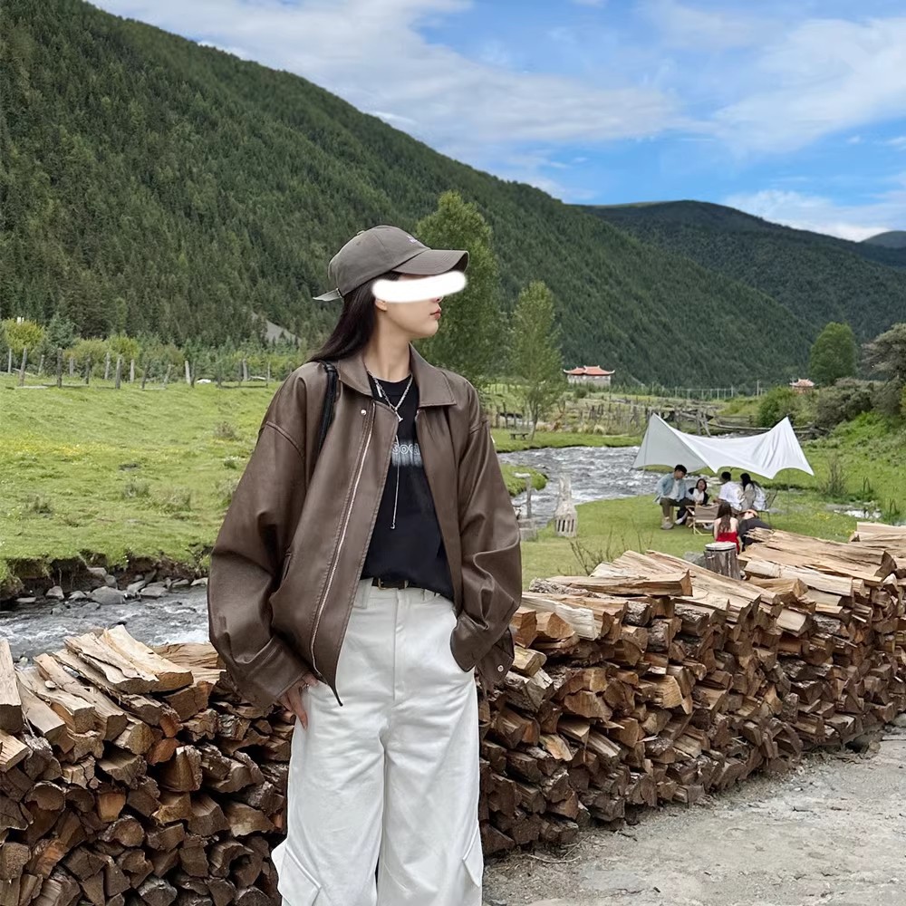 [Original Quality Interior] Locomotive Leather Jacket Spring and Autumn Women's New American Retro Jacket Coat Width