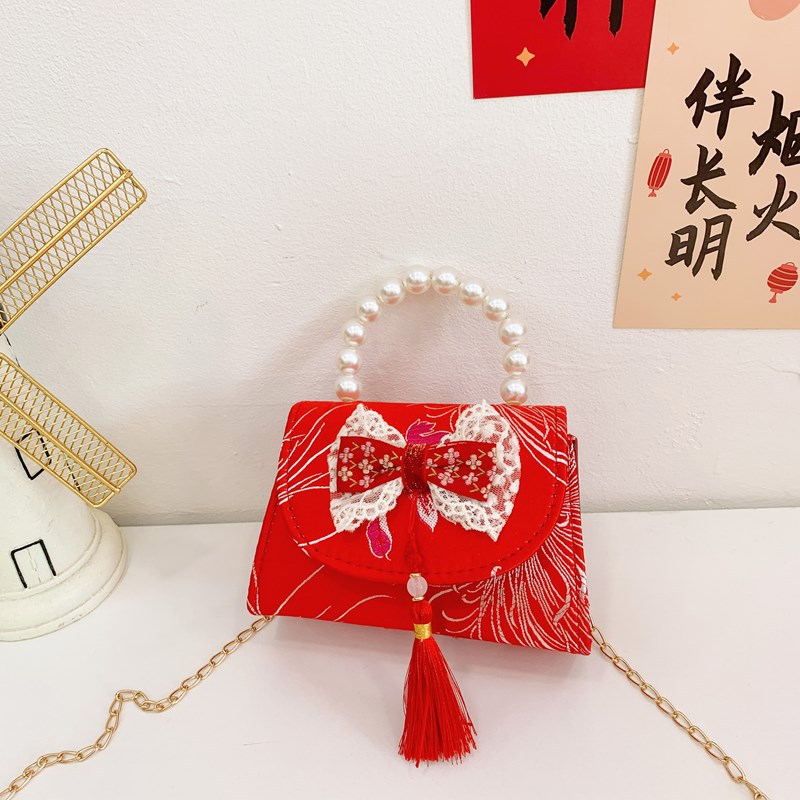 Bagos rojos perfumados para niñas bolsos de hombro con sequillas de perlas, bolsos para niños, bolsos de Año Nuevo para niños