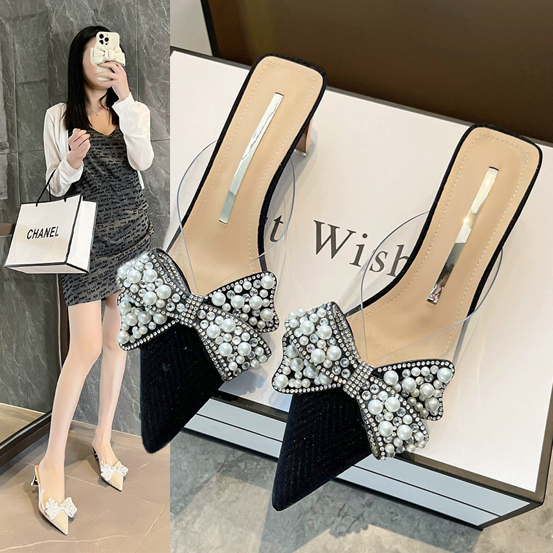 Тапочки со стразами, женская летняя верхняя одежда, модные пикантные сандалии с острым носом, тапочки, женские тапочки Baotou, женская обувь с бантом