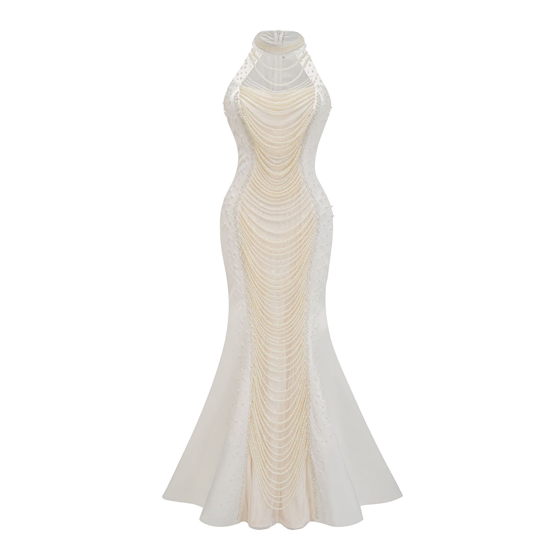 跨境重工艺钉珠修身礼服气质圆领无袖显身材公司年会连衣裙拖尾裙