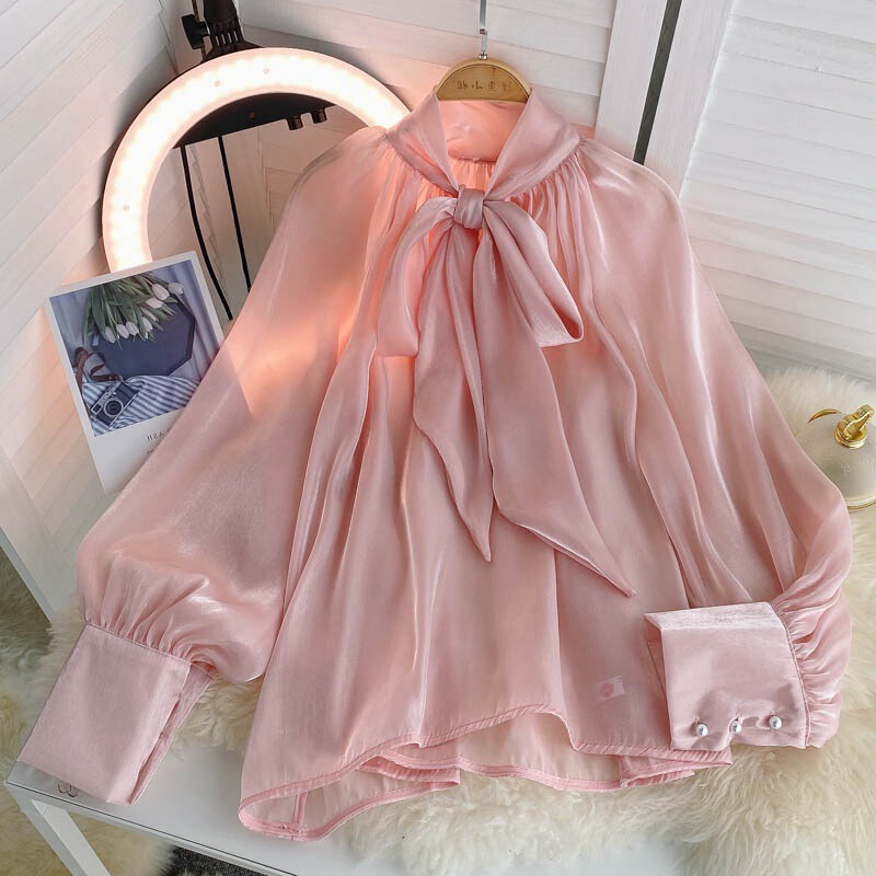French Bow Shirt Women's Design Sense Niche Pure Desire Hot Girls Chic Bubble Long Sleeve Top