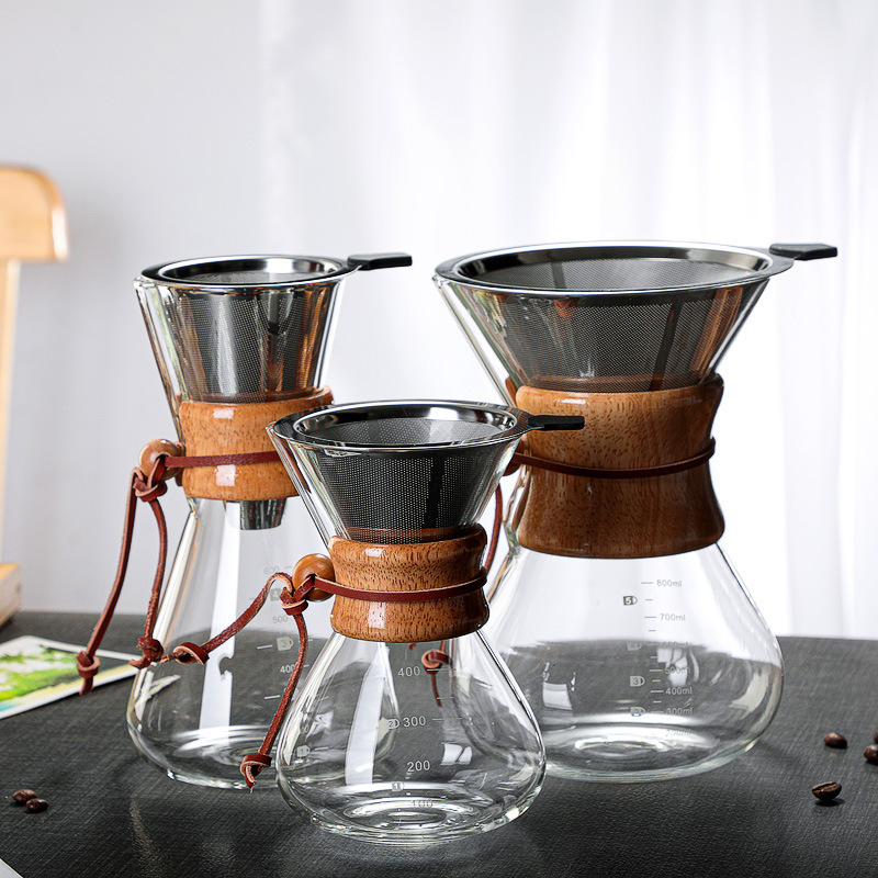 Wood Chip Coffee Sharing Pot High Borosilicate Glass Hand-Brewed Coffee Pot High Temperature Resistant Hand-Brewed Pot Chemex Pot with Filter