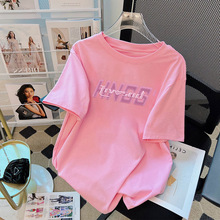 粉色短袖纯棉t恤女2024夏季新款欧货大版洋气小衫半袖体恤女批发