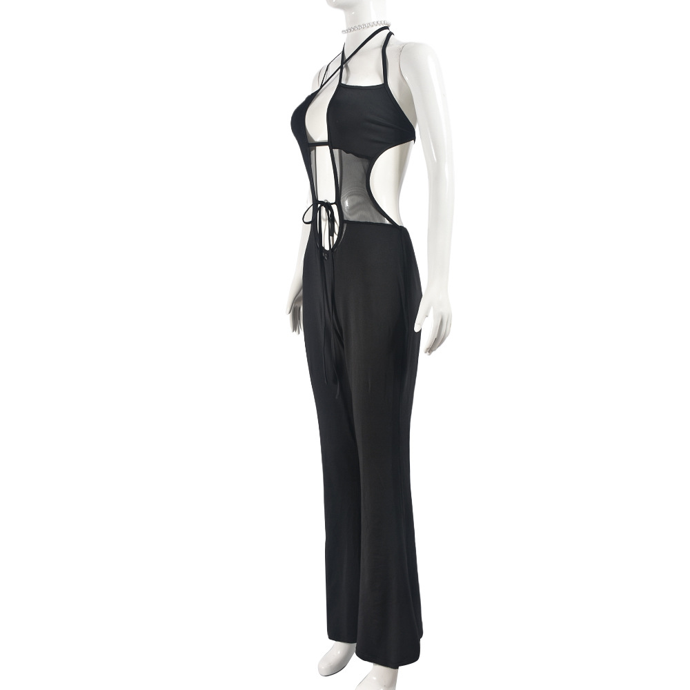 Summer Sleeveless Lace up Backless Slightly Flared Sexy Wide Leg Jumpsuit for Women