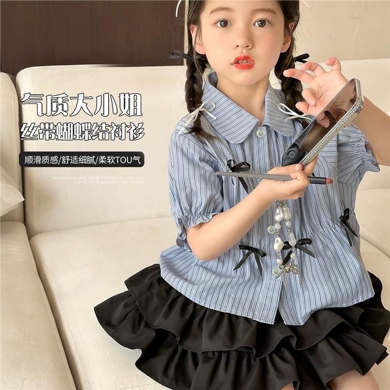 上新2025夏季女童蝴蝶結襯衫裙套裝女寶寶條紋襯衣蛋糕裙兩件套