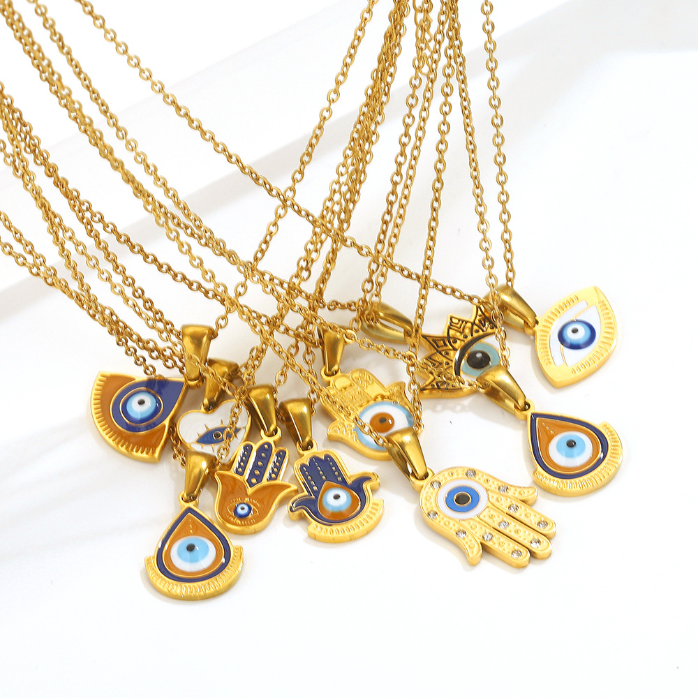 1 Piece Quantity Wholesale Jewelry Vintage Style French Style Palm Eye Titanium Steel Enamel Pendant Necklace Cable Chain