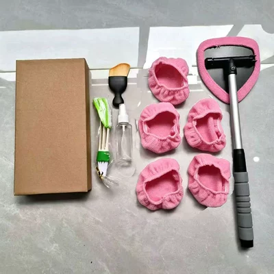 Tool, Telescopic Aluminum Rod Car, Car cleaning tools - 6-pink-cloth-covers-1-set-of-b-type-plastic-parts-1-spray-bottle-1-green-and-white-air-conditioner-brush-1-small-brushkraft-paper-box