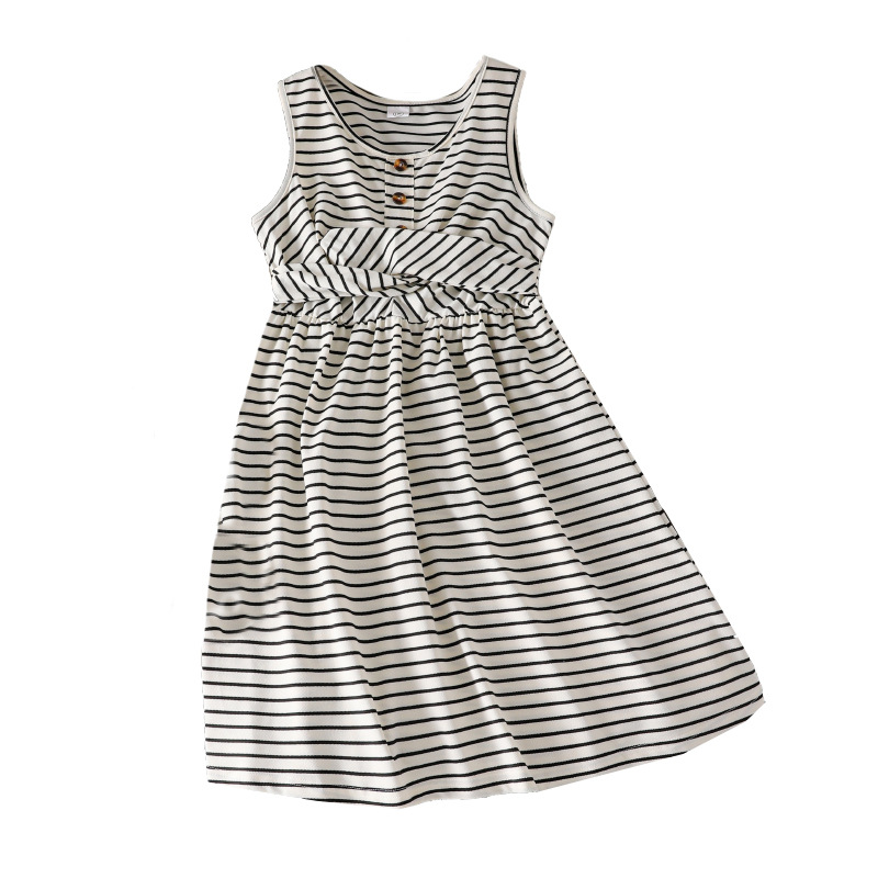 Ropa de niña transfronteriza 2025 primavera y verano nuevo estilo comercio exterior europeo y americano moda cintura torcida casual vestido sin mangas a rayas
