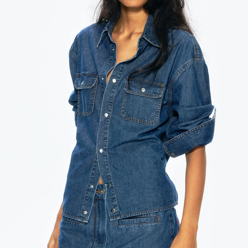 In the Process of Production: Rarel Turkish Denim Waist-Cinching Shirt, Vintage Washed Blue Long-Sleeve Shirt, Simple Autumn Style
