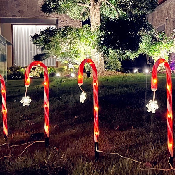Solar-Powered Cane-Shaped Ground Lights for Christmas Atmosphere Decoration, Outdoor Waterproof Candy Star Snowflake Lights