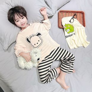 Boys' Spring, Autumn and Summer Pajamas, Kidsren's Modal Home Clothes, Baby Air-Conditioned Clothes, Thin Loose Two-Piece Suit