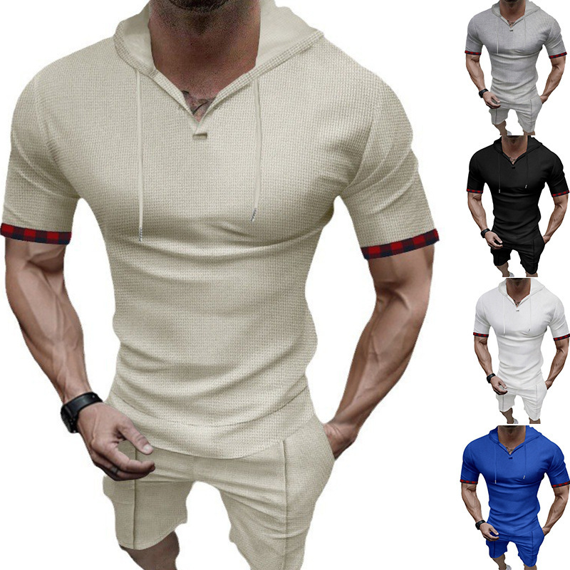 Men's Waffle Knit Hooded T-Shirt And Shorts Set - Summer Athletic Casual Short Sleeve Outfit_viptrois.com