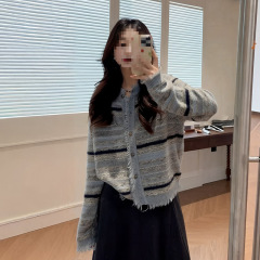 跨境大慵懒感小香风毛针织开衫女早秋新胖mm宽松显瘦别致外穿衣冰