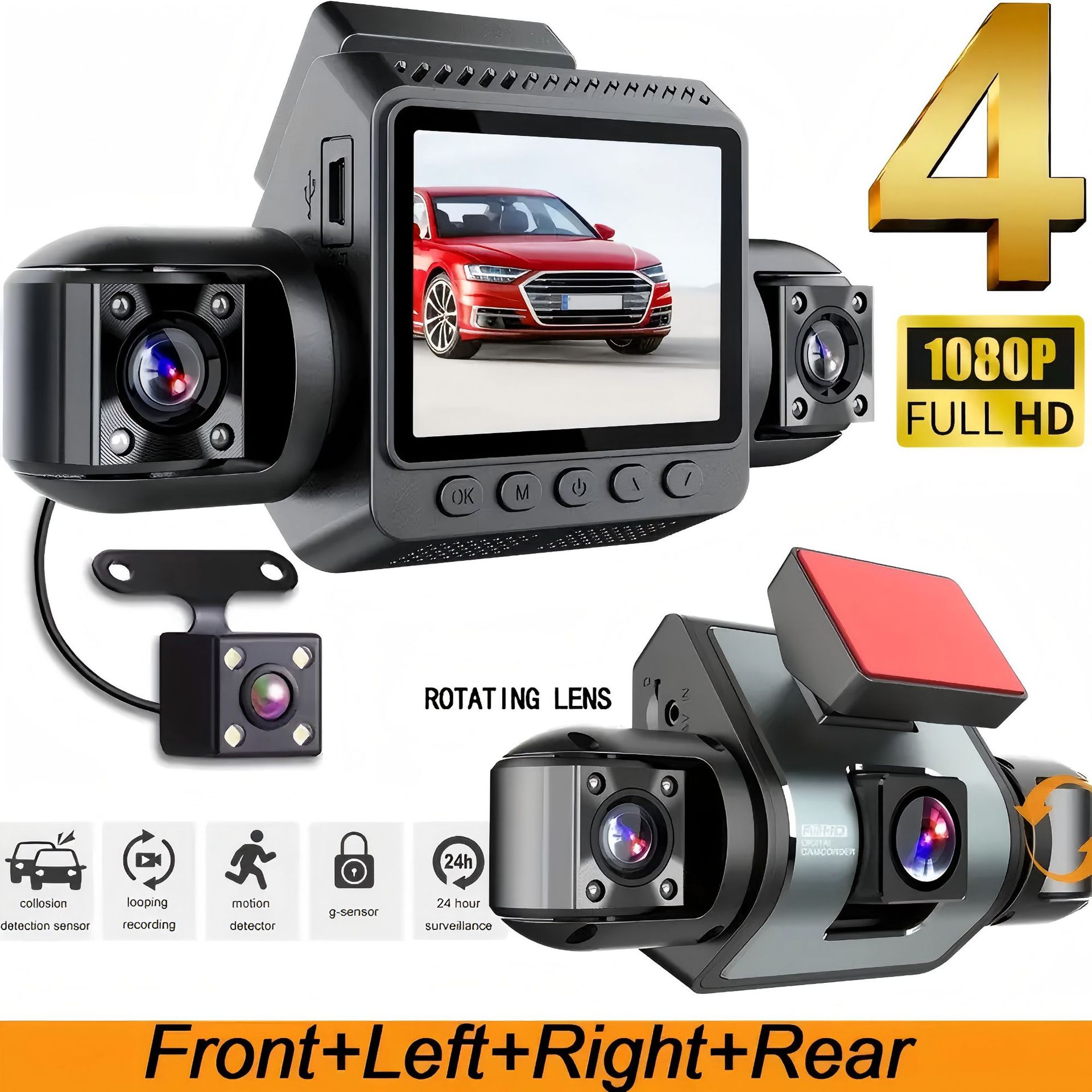 4-Lens WiFi Dash Cam Quad-View Car Camera Infrared Night Vision