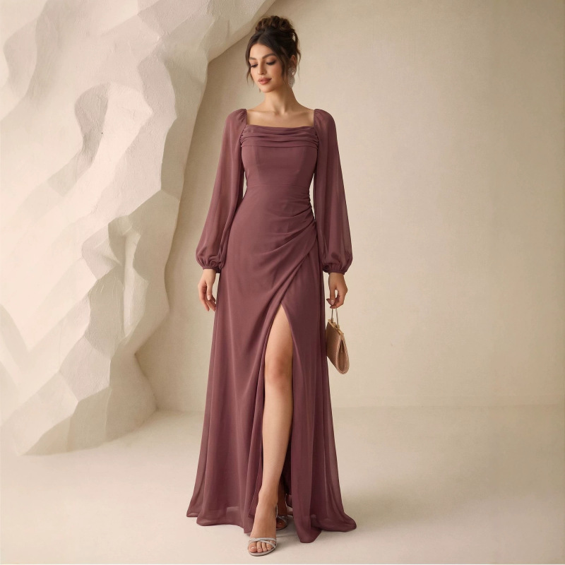 European and American Fashion Women's Clothing Square Neck Lantern Sleeve Draped High Slit Chiffon Bridesmaid Dress