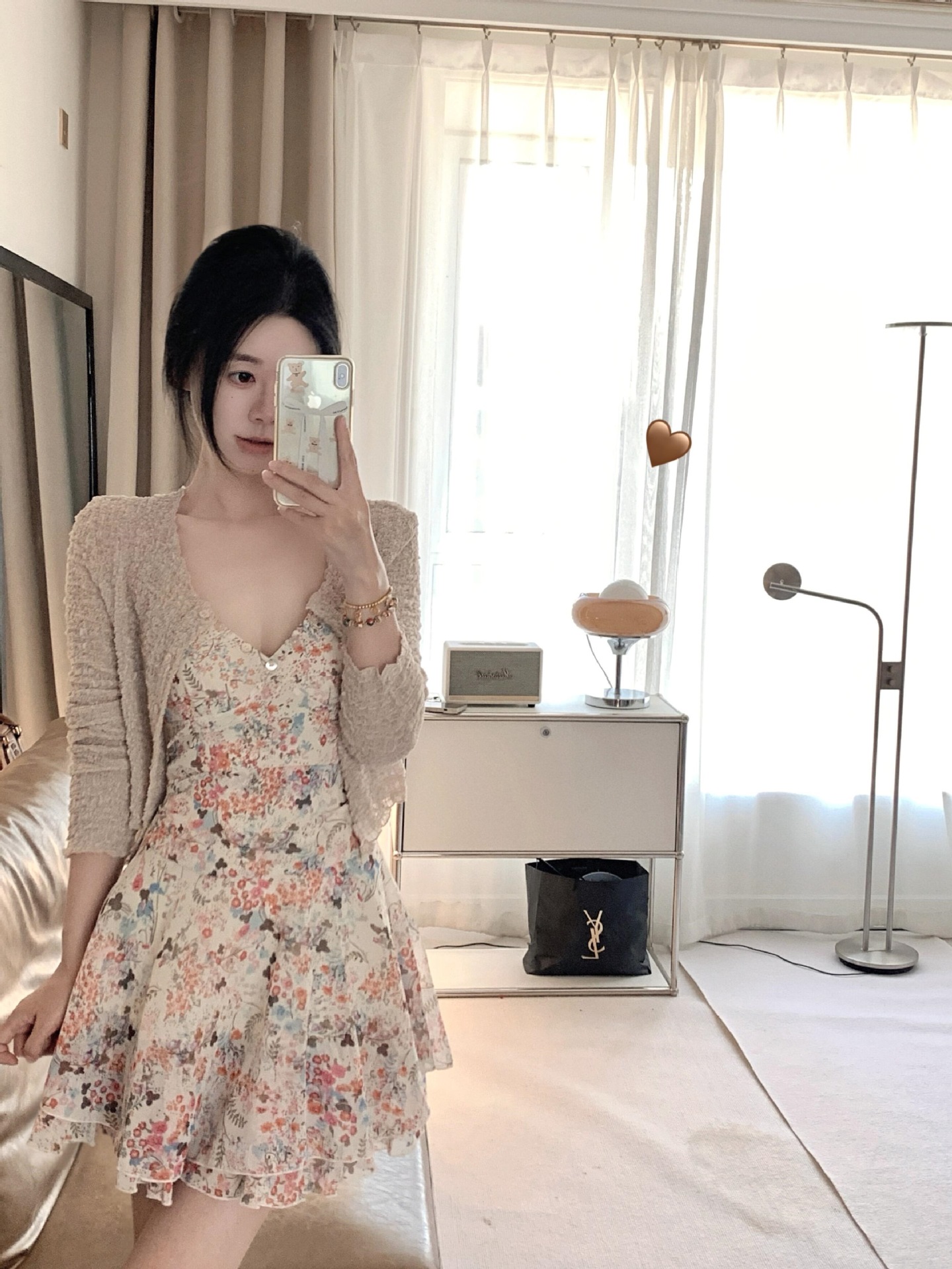 2026新款甜美风百搭长袖开衫外套女夏季叠穿碎花吊带连衣裙两件套