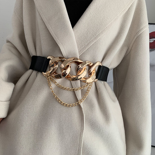 Elastic elastic belt, trendy metal chain decorative girdle with coat and dress, retro outer belt