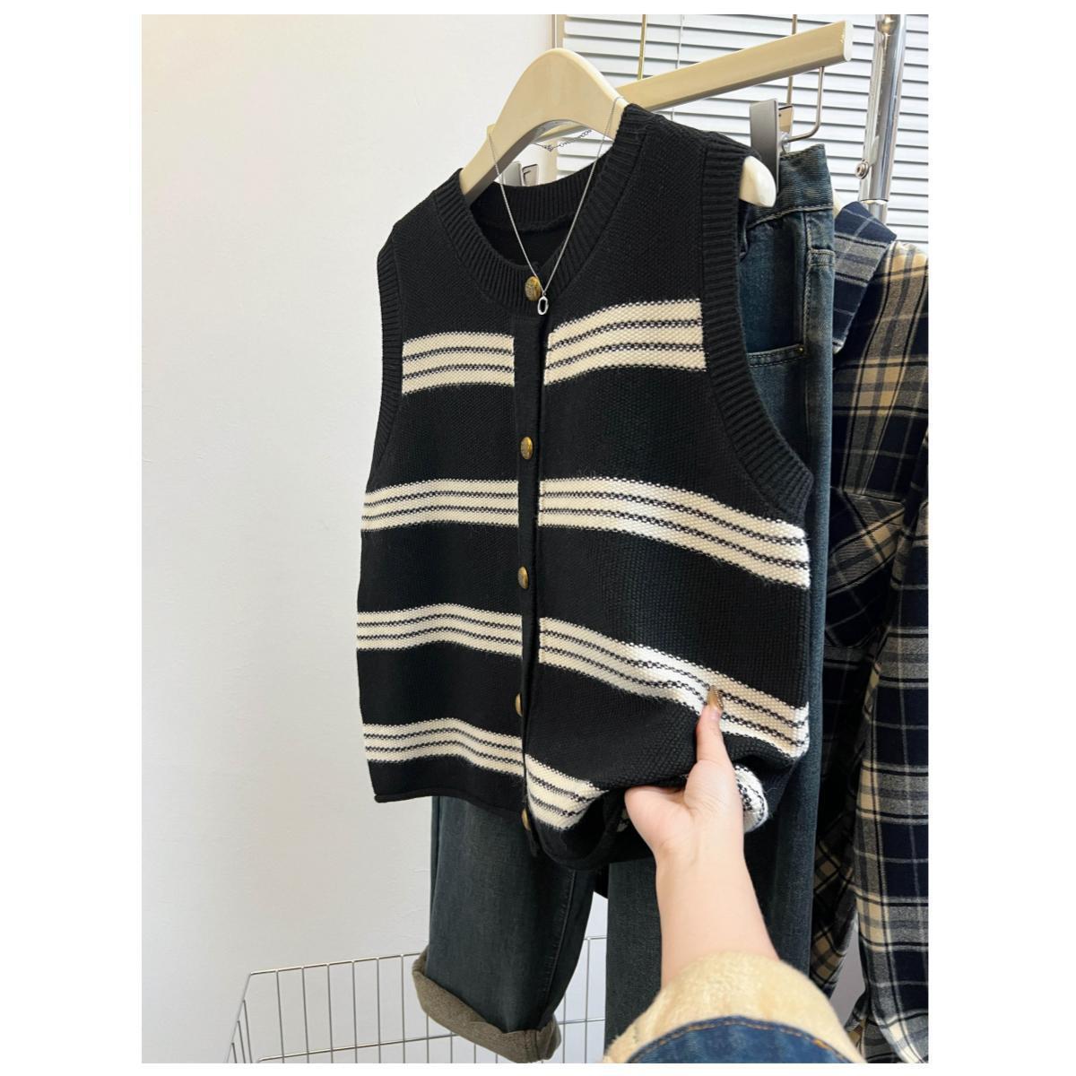 Cardigan de punto a rayas chaleco de mujer 2025 primavera y otoño suéter de hombro suéter chaleco chaleco