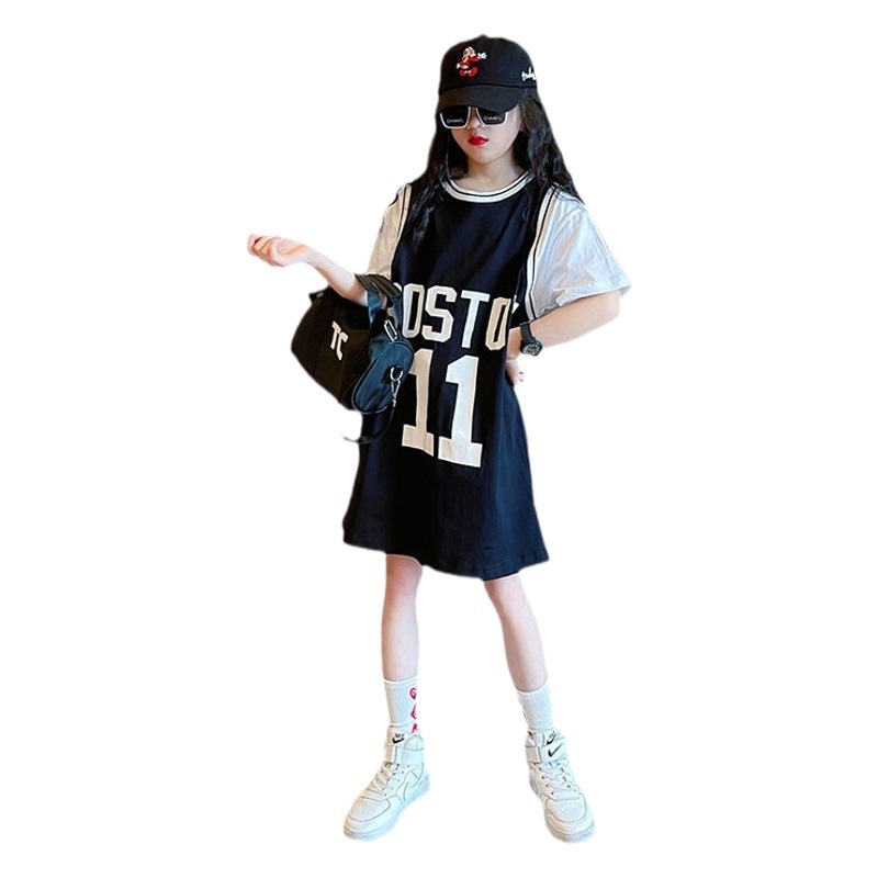 Falda de la camiseta de las niñas de comercio exterior manga corta nueva ropa de verano estilo Occidental medio de las niñas celebridad de Internet ropa de bola grande para niños ropa de moda de calle frita