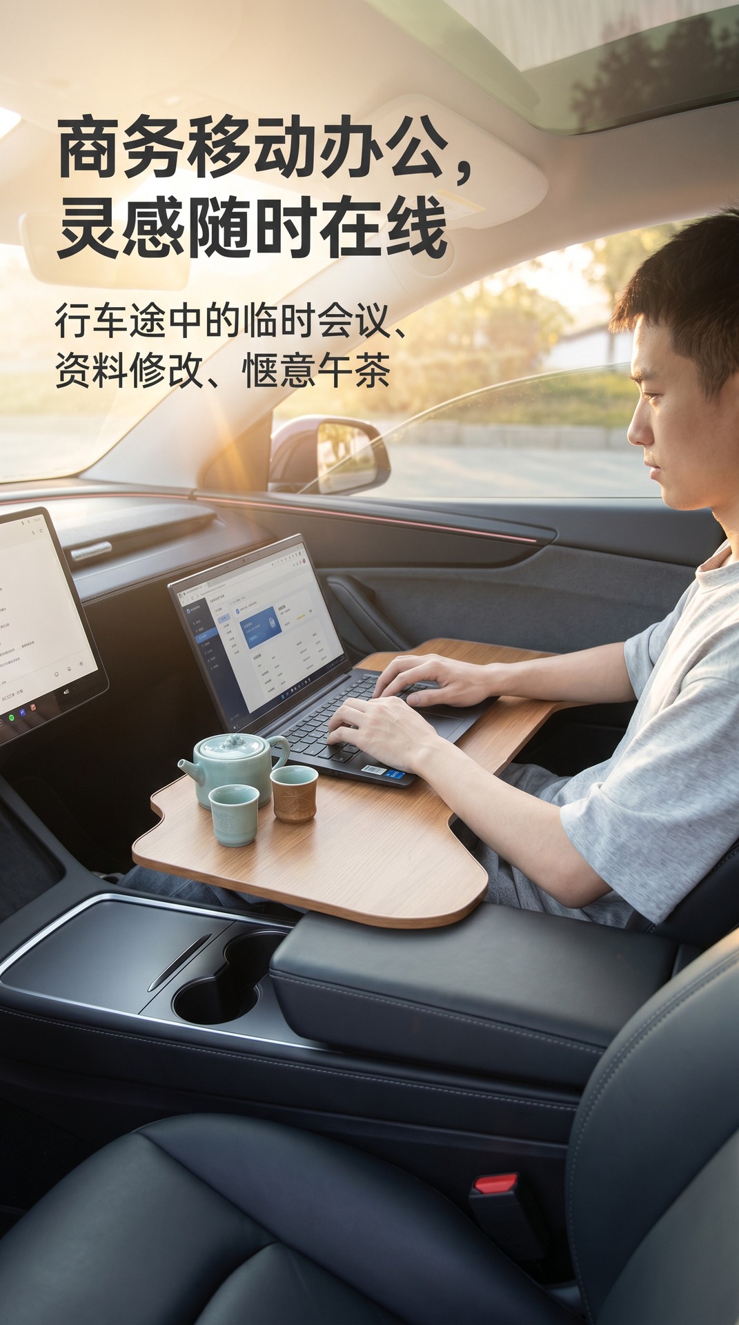 Car Armrest Box with Wood Grain Small Table, Laptop Table for Passenger Seat in New Energy Vehicles, In-Car Dining and Storage Table