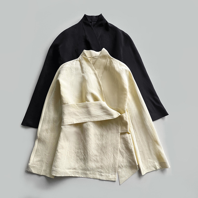 DU's order weaving! 32 M M silk hemp spinning! Mediterranean niche designer lace-up texture shirt