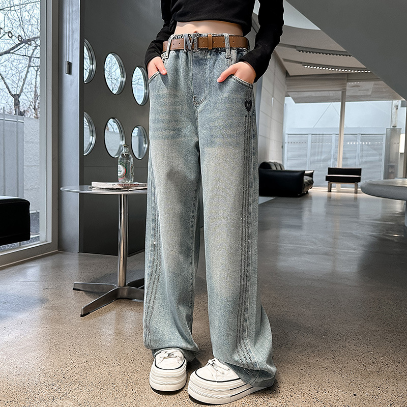 Girls' Cowboy Wide Leg Pants Spring 2024 New Style Big Girls' Fashion Straight Leg Pants Children's Spring Trendy Pants