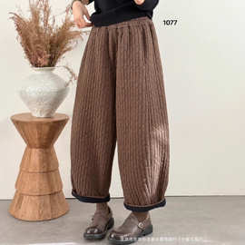 2025冬新款 松紧腰文艺复古宽松彩色针织复合加绒保暖哈伦裤