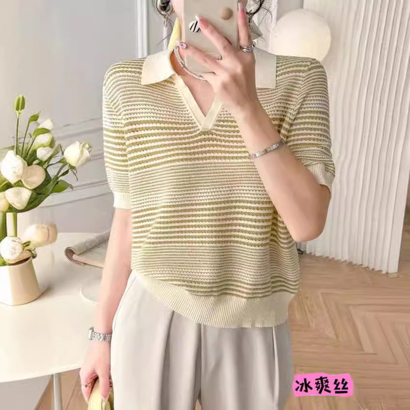 Green and White Color-block Striped Polo Collar Ice Silk Knitted Sweater Women's Summer New Korean Style Western Style Age-reducing Slimming Top Trendy