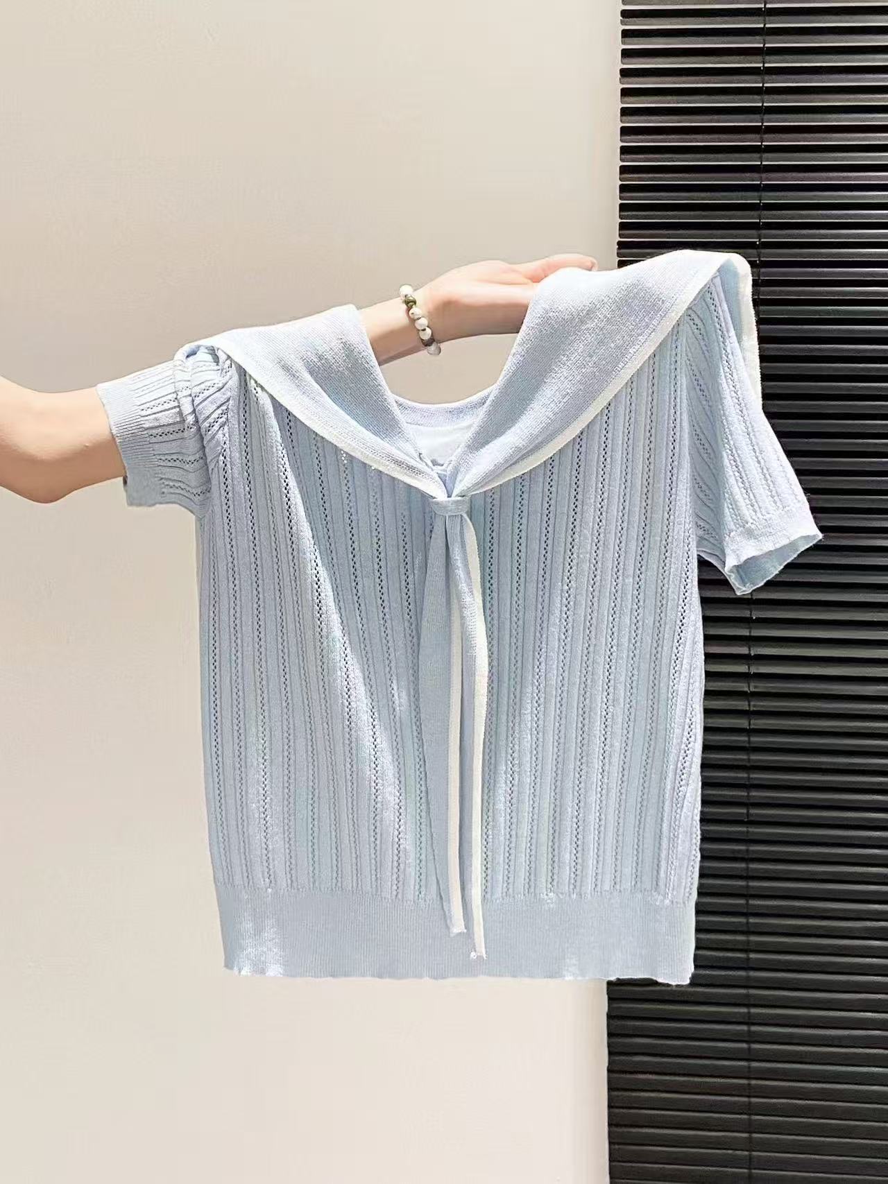 Áo thun nữ tay ngắn cổ bẻ thiết kế giả hai lớp mỏng nhẹ mùa hè — màu xanh nhạt