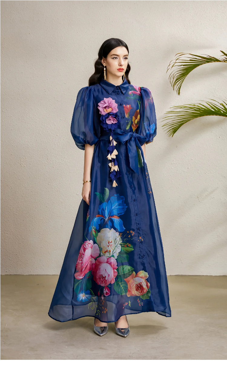 Đầm maxi nữ thắt eo phong cách Pháp tay phồng in hoa lưới — trắng, màu xanh đậm, mơ chi tiết 2