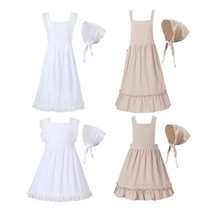 French Pastoral Artistic Cotton and Linen Vintage Apron with Headscarf Florist Lace Solid Color Ruffled Maid Apron