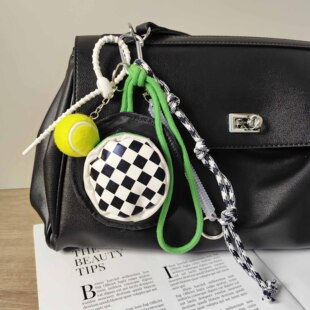 Sports style tennis keychain, black and white plaid hat, coin wallet, headphones, lanyard, men and women's bag pendant