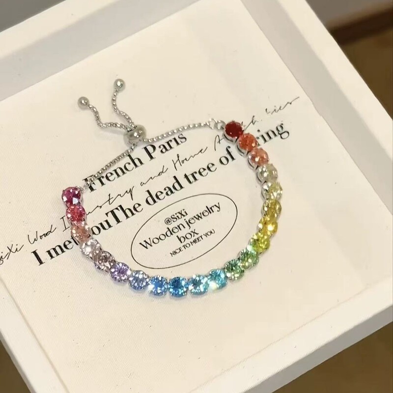 "Rainbow Summer" Colorful Sparkling Diamond Sugar Cube Bracelet, Sweet and Aesthetically Pleasing, Niche High-End Style, Adjustable Jewelry "Rainbow Summer" Colorful Sparkling Diamond Sugar Cube Bracelet, Sweet and Aesthetically Pleasing, Niche High-End Style, Adjustable Jewelry