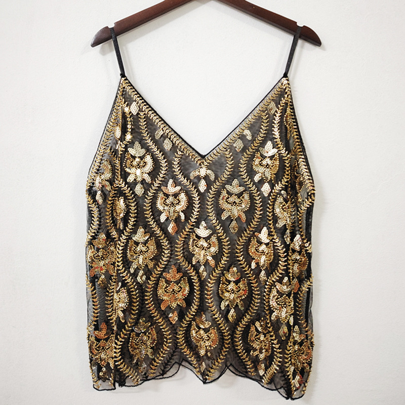 夏季亮片钉珠吊带内搭性感显瘦短款V领背心女洋气优雅跨境亚马逊