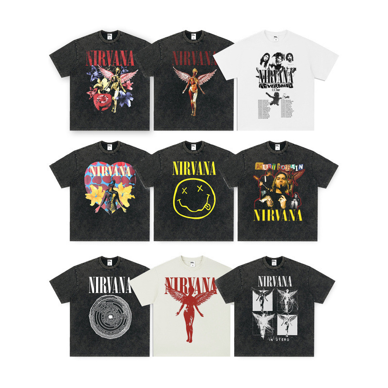 NIRVANA ロックアメリカン 3D デジタルプリントレトロ半袖 T シャツクロスボーダープリントアメリカンファッションヴィンテージ模造綿|undefined