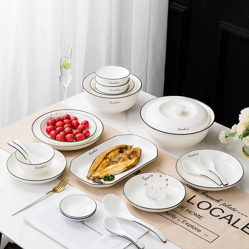 Nordic Style Ceramic Tableware Simple Household Bowl and Dish Plate Free Matching DIY Combination Set Chopsticks Soup Bowl Fish Plate