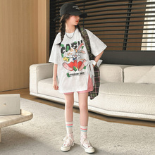 女童夏季T恤裙韩系洋气中大童休闲宽松短袖开叉时髦儿童装打底衫