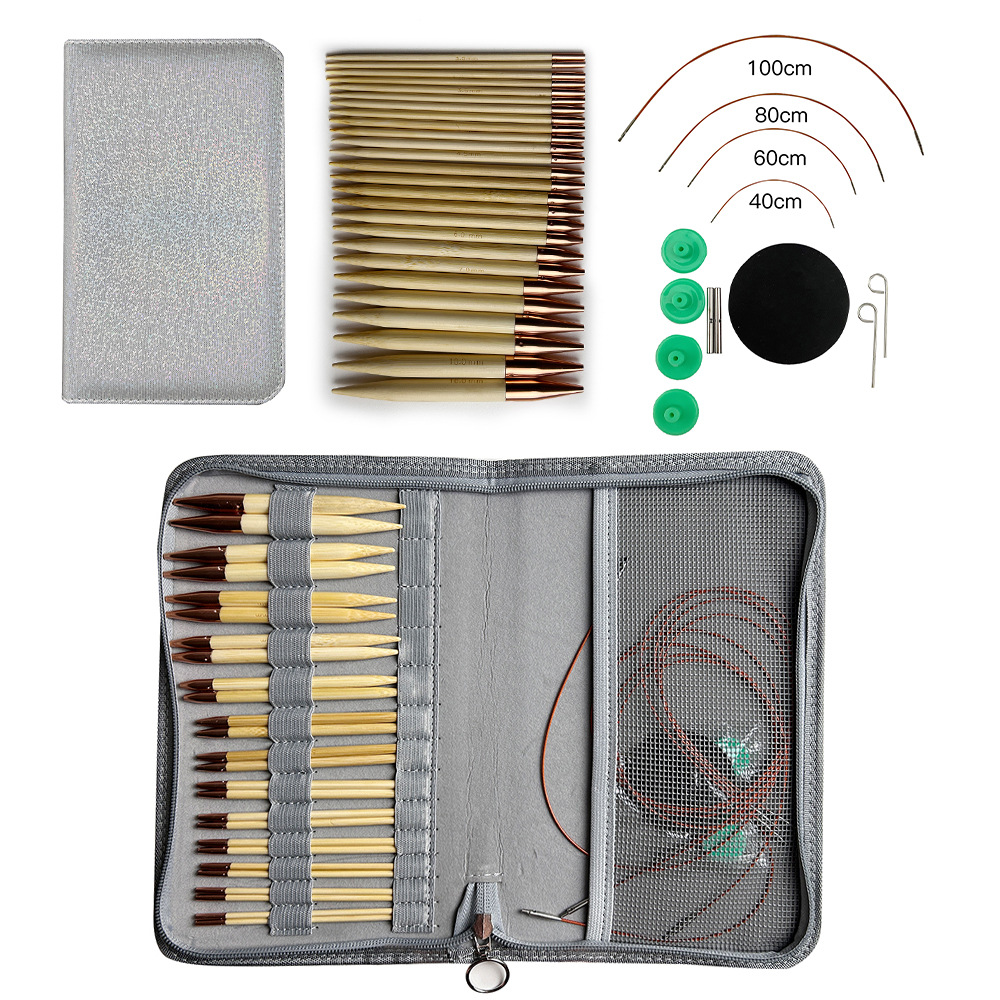 Agujas de suéter de oro rosa blanqueado de bambú aguja de aluminio desmontable aguja de anillo un conjunto de 13 paquetes de PU