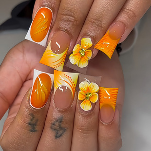 Cross-Border Hot-Selling Orange-Yellow Gradient Carved Three-Dimensional Flower and Leaf Pattern Design Long Square Toe Finished Product Wearable Manicure Wholesale