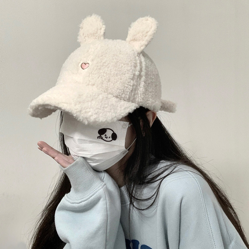 棒球帽子女2025新款秋冬季毛茸茸保暖可爱羊羔毛绒小兔耳朵鸭舌帽|undefined