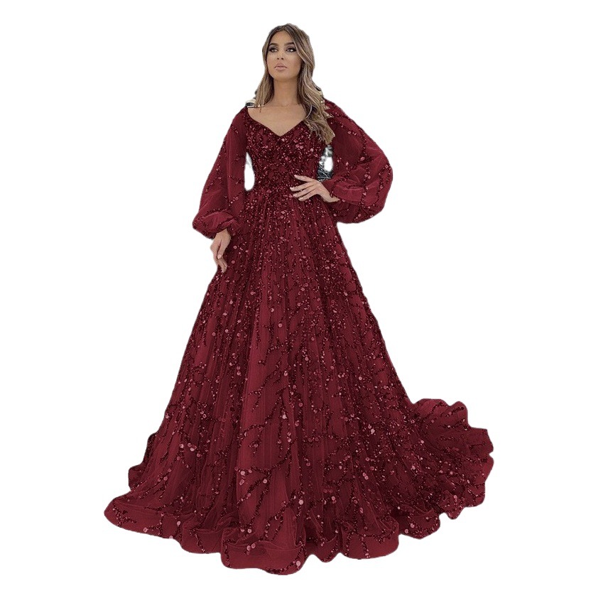 2025 transfronterizo nuevo oro industria pesada con cuentas vestido de noche de lujo Sexy alta sociedad Aura Queen vestido largo SC7109