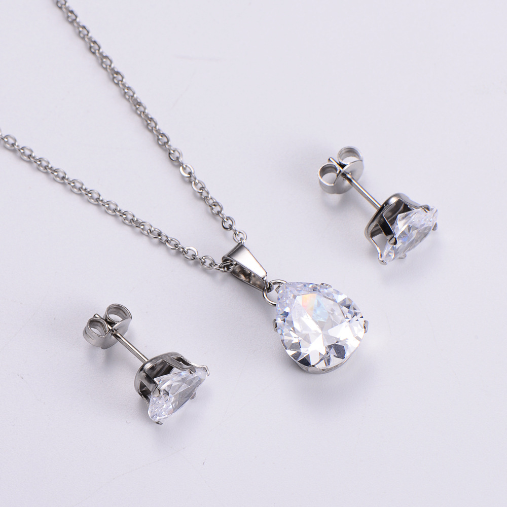 new zircon pendant necklace niche design sense water drop shape necklace earrings set