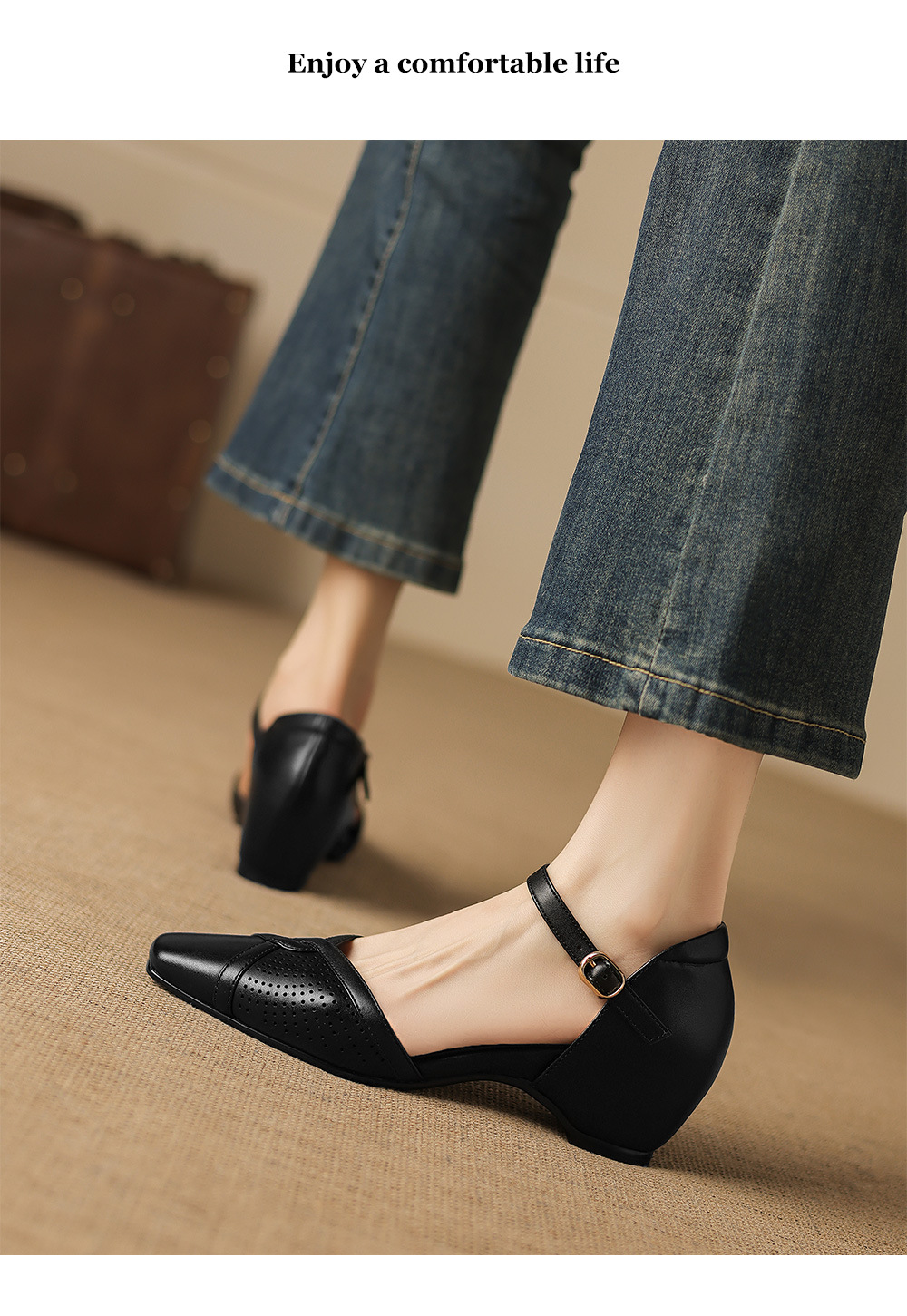 Sandal cao gót nữ quai ngang mũi vuông kiểu Pháp, gót thô ổn định — đen chi tiết 13