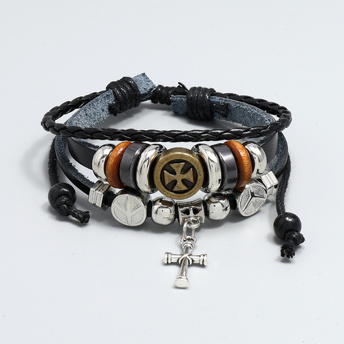 Individuality creative handmade beaded cross leather bracelet with han edition tide restoring ancient ways multilayer man bracelet bracelet